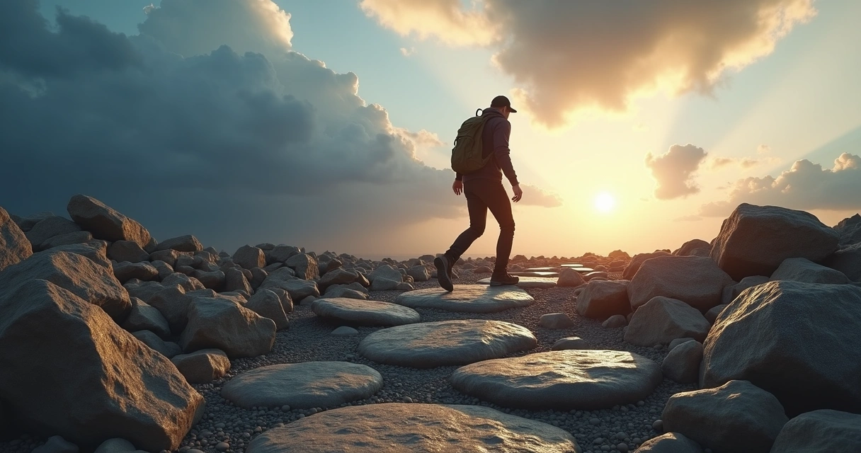 Pessoa caminhando por um caminho de rochas que cresce a cada passo 