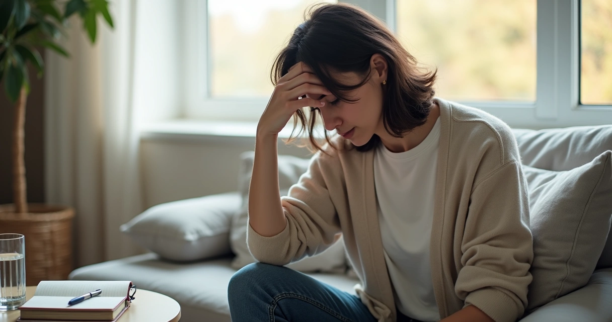 Adulto sentado curvado no sofá com expressão de cansaço segurando a cabeça 