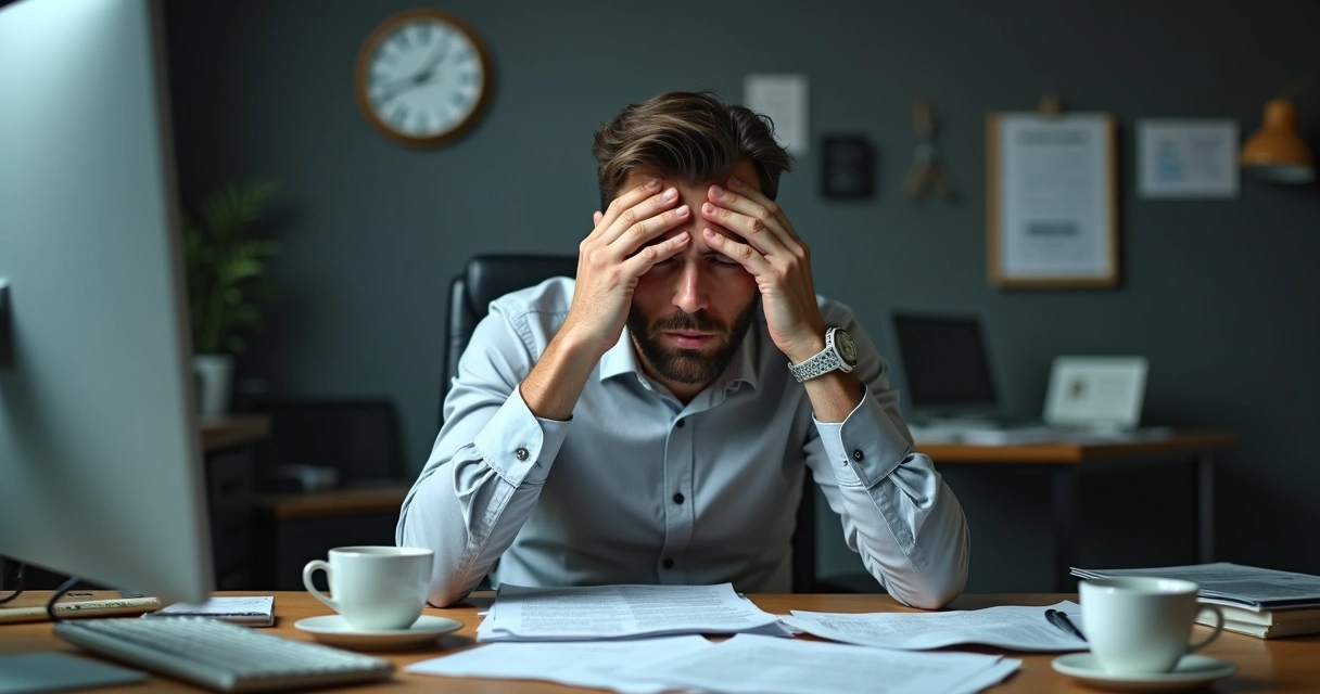 Homem com expressão exausta sentado em mesa de escritório rodeado de papéis e xícaras de café 