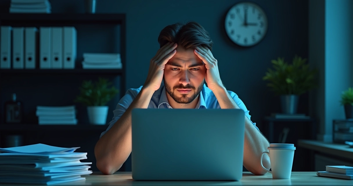 Pessoa com expressão de cansaço trabalhando no escritório 