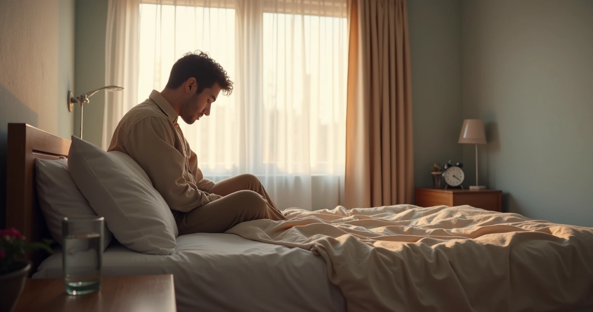 Pessoa sentada na cama com expressão de cansaço ao amanhecer 