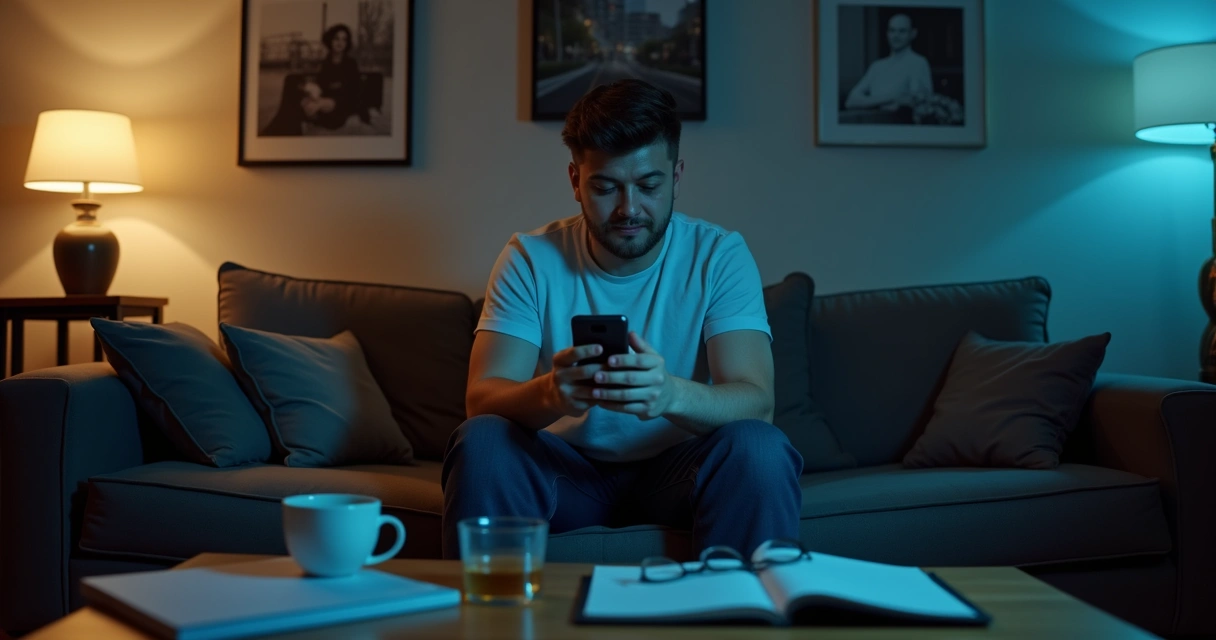 Pessoa sentada no sofá com olhar cansado e celular na mão