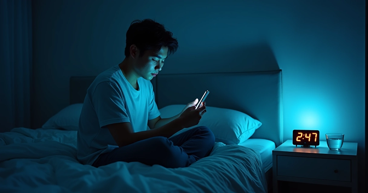 Pessoa sentada na cama olhando o celular de madrugada 
