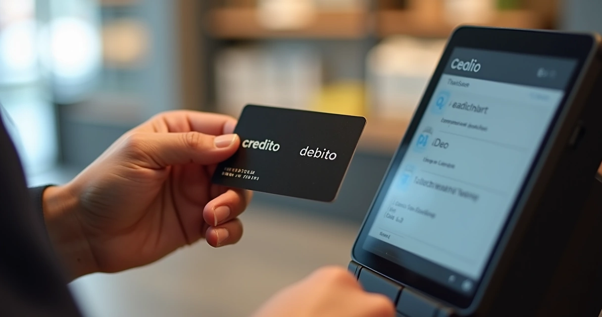 Pessoa segurando cartão múltiplo mostrando as opções de crédito e débito 