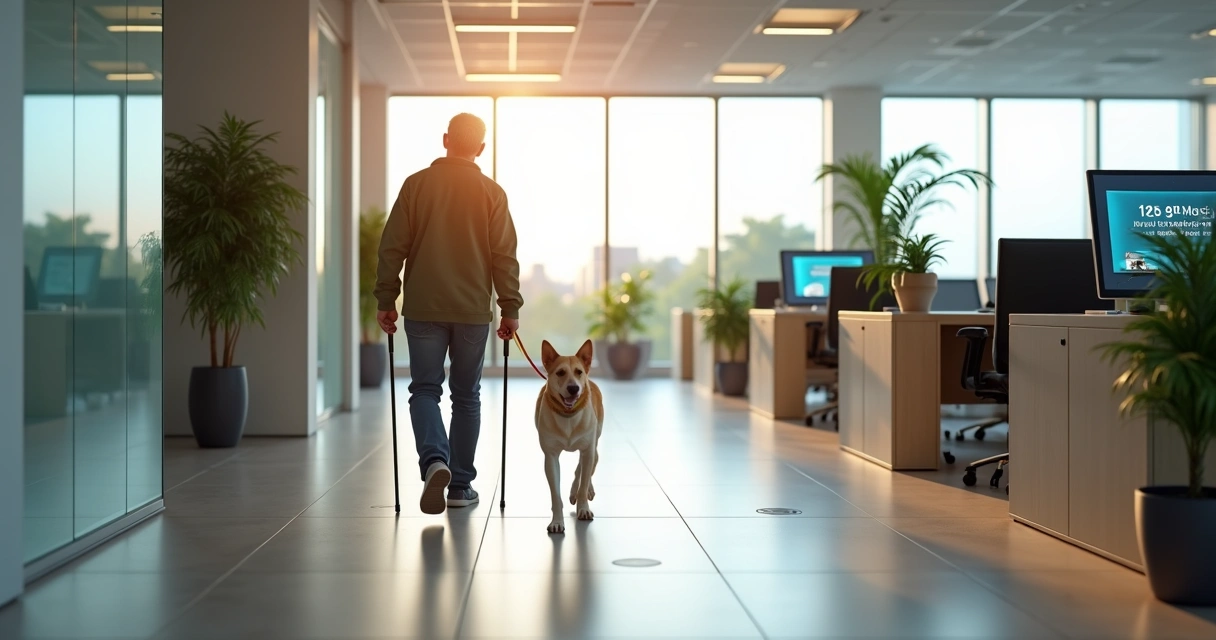 Pessoa cega com cão-guia em ambiente de trabalho 