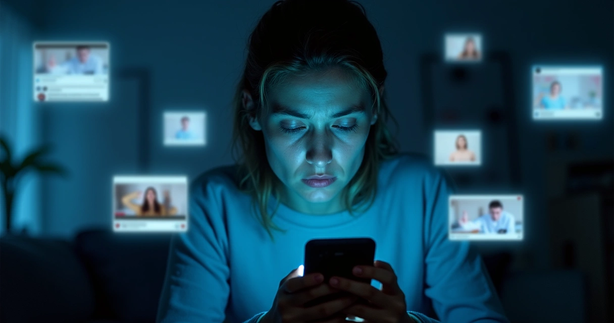 Pessoa olhando celular cercada por várias telas acesas