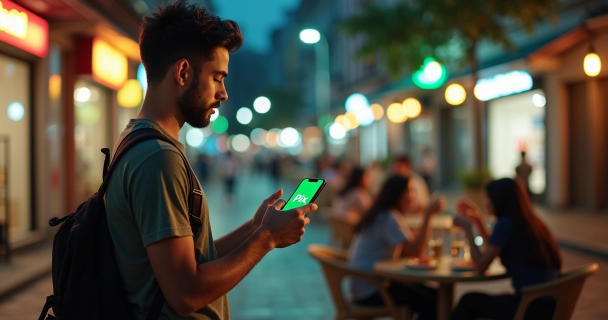 Homem segurando celular realizando um Pix em ambiente urbano noturno 