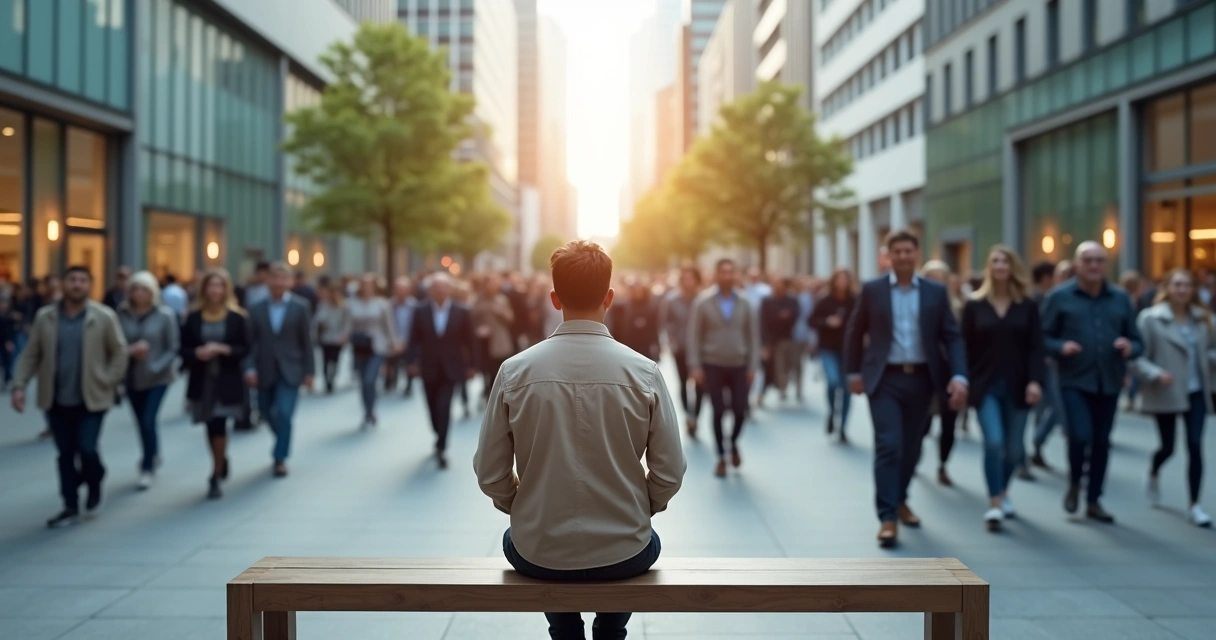 Pessoa sentada em calma cercada por pessoas desfocadas em movimento rápido 