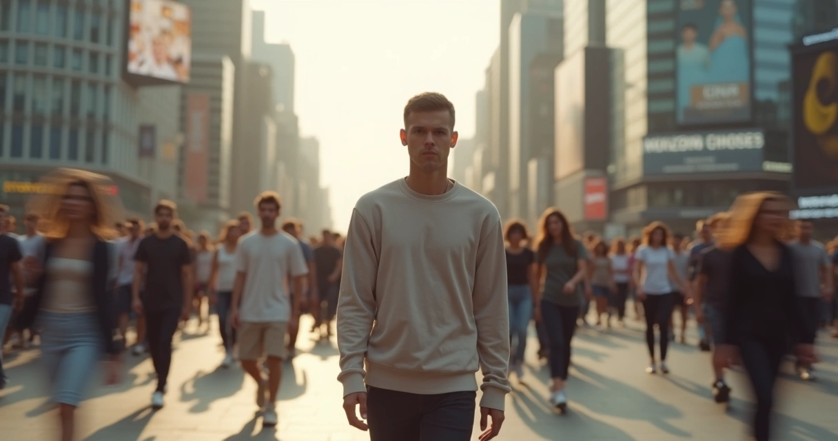 Pessoa em pé no centro de uma multidão desfocada mantendo postura calma e centrada 