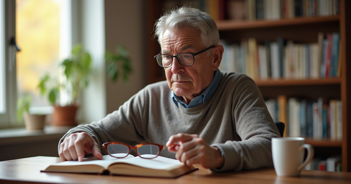 Pessoa madura colocando óculos de leitura em frente a um livro 