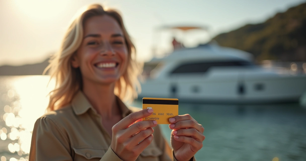 Pessoa com carta de crédito e barco ao fundo, sensação de conquista 
