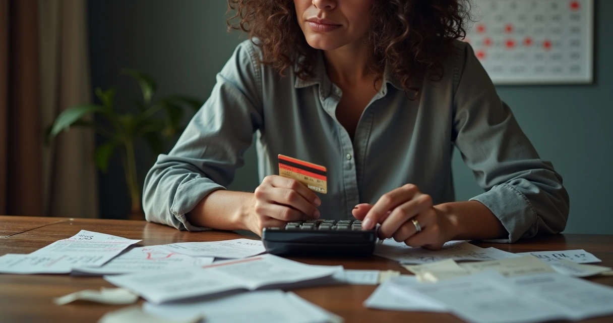 Pessoa segurando cartão de crédito com várias faturas e notas ao redor sobre uma mesa 