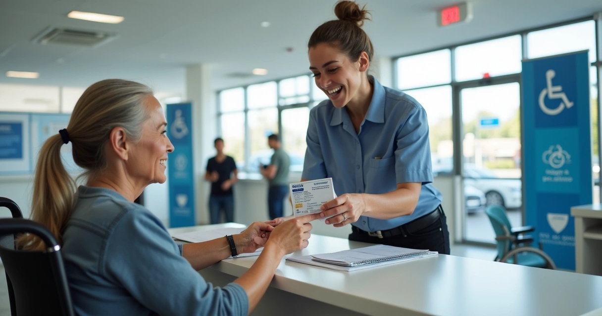 Mulher em cadeira de rodas recebendo carteira de motorista em posto do Detran 