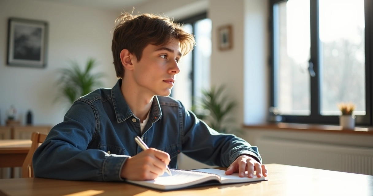 Homem sentado sozinho à mesa de madeira com expressão focada. 