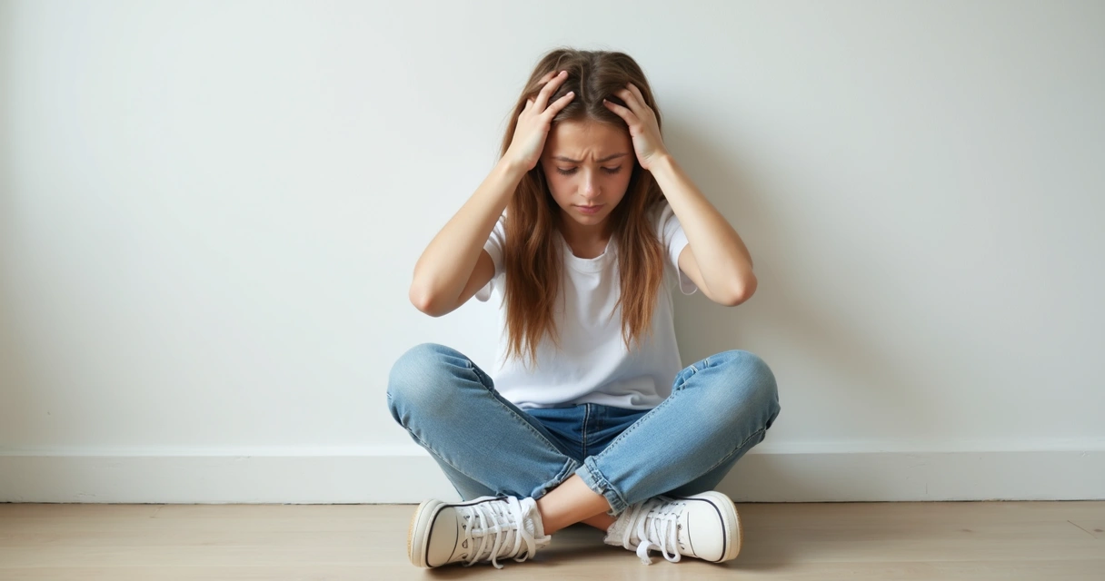 Pessoa com expressão frustrada olhando para baixo ao lado de uma parede branca 