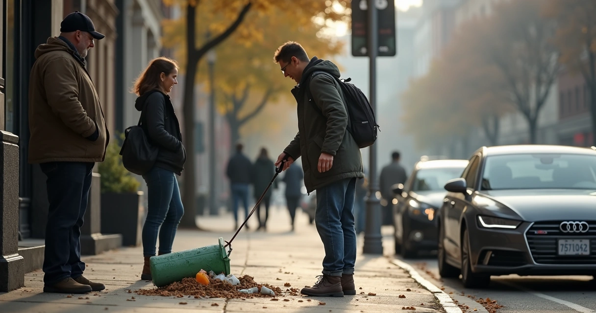Pessoa pegando lixo na rua com outras pessoas observando 