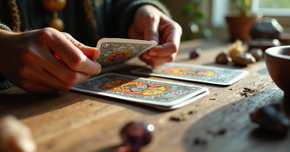 Mãos segurando cartas de tarô com ervas secas e cristais ao redor