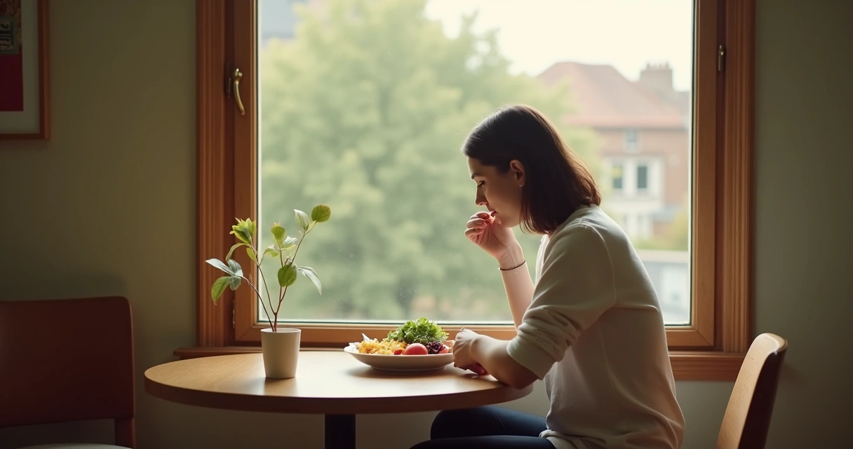 Pessoa sozinha comendo com atenção plena na mesa 