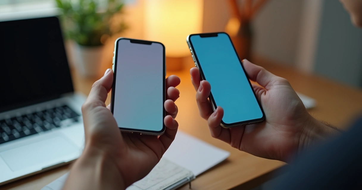 Pessoa segurando um iPhone antigo em uma mão e um novo na outra, ambos na frente de um notebook com luz suave 