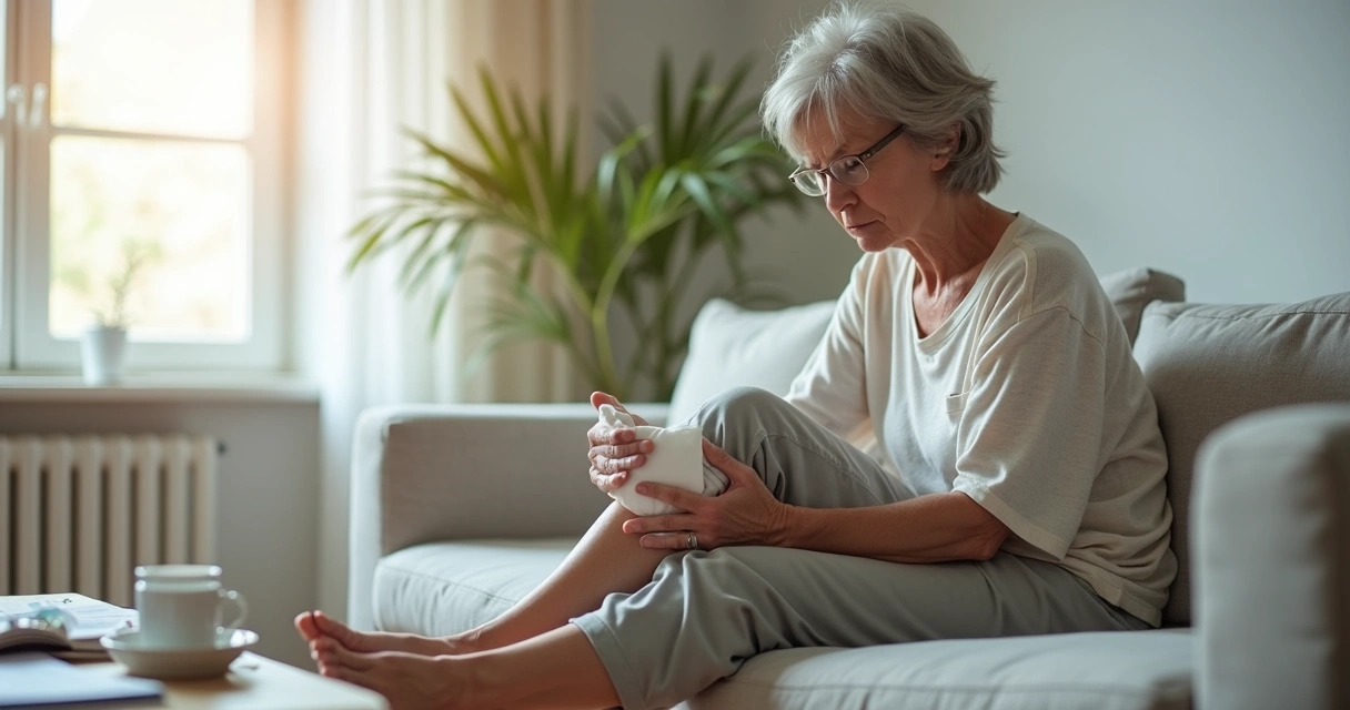 Pessoa utilizando compressa sobre as pernas cansadas 