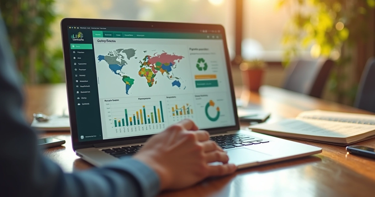Pessoa analisando dados de impacto de reciclagem em monitor de computador 