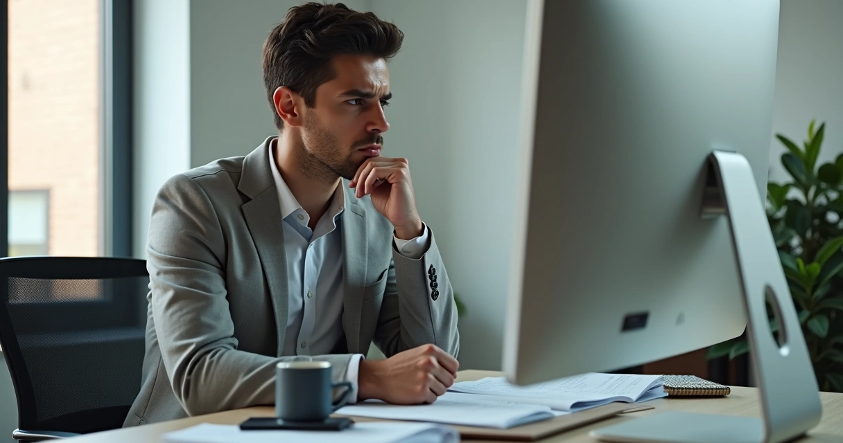 Pessoa séria em computador no ambiente de trabalho 