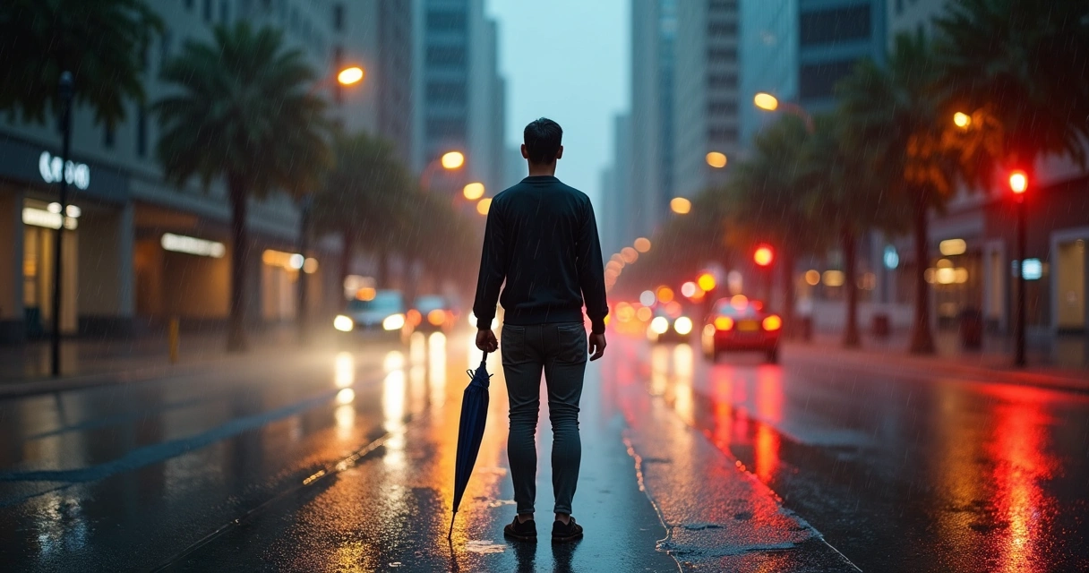 Pessoa em pé confiante na chuva em rua urbana com guarda-chuva fechado ao lado 
