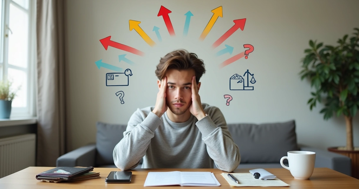 Pessoa em dúvida diante de várias opções e setas coloridas ao redor da cabeça 