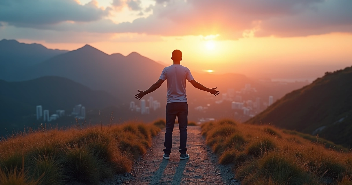 Pessoa em pé diante de caminhos múltiplos com um deles iluminado 