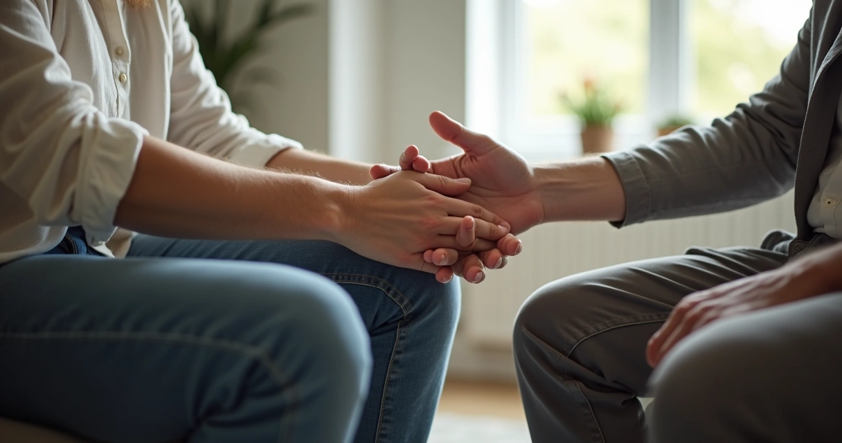 Duas pessoas sentadas em ambiente interno, uma estendendo a mão sobre o ombro da outra, em gesto de apoio 