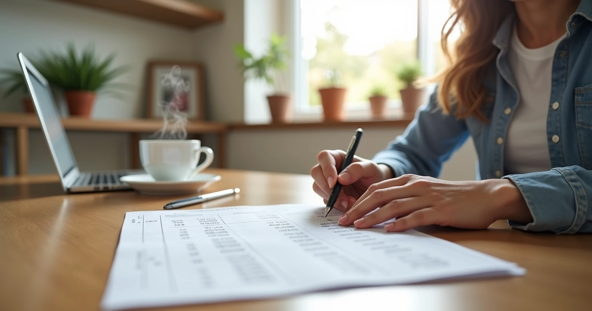 Pessoa analisando extrato de coparticipação de plano de saúde em ambiente doméstico 