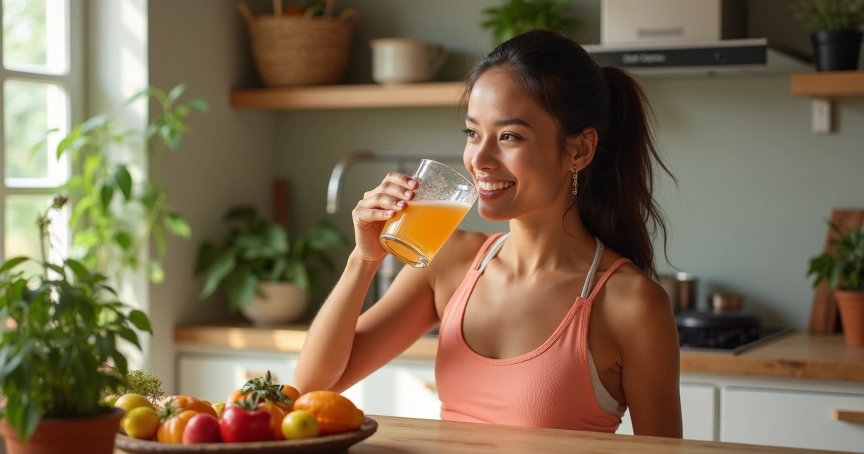 Pessoa com roupa esportiva tomando bebida proteica vegetal em cozinha moderna 