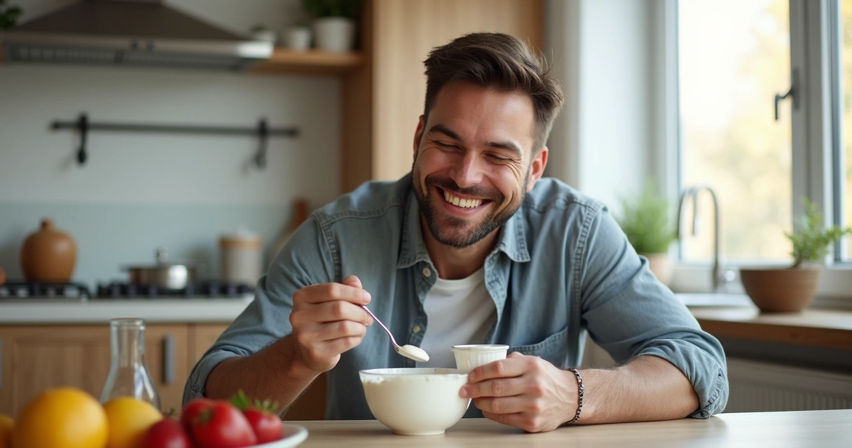 Pessoa consumindo iogurte natural em um ambiente doméstico. 