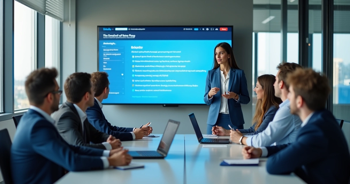 Profissional apresentando dados e narrativas a colegas no escritório 