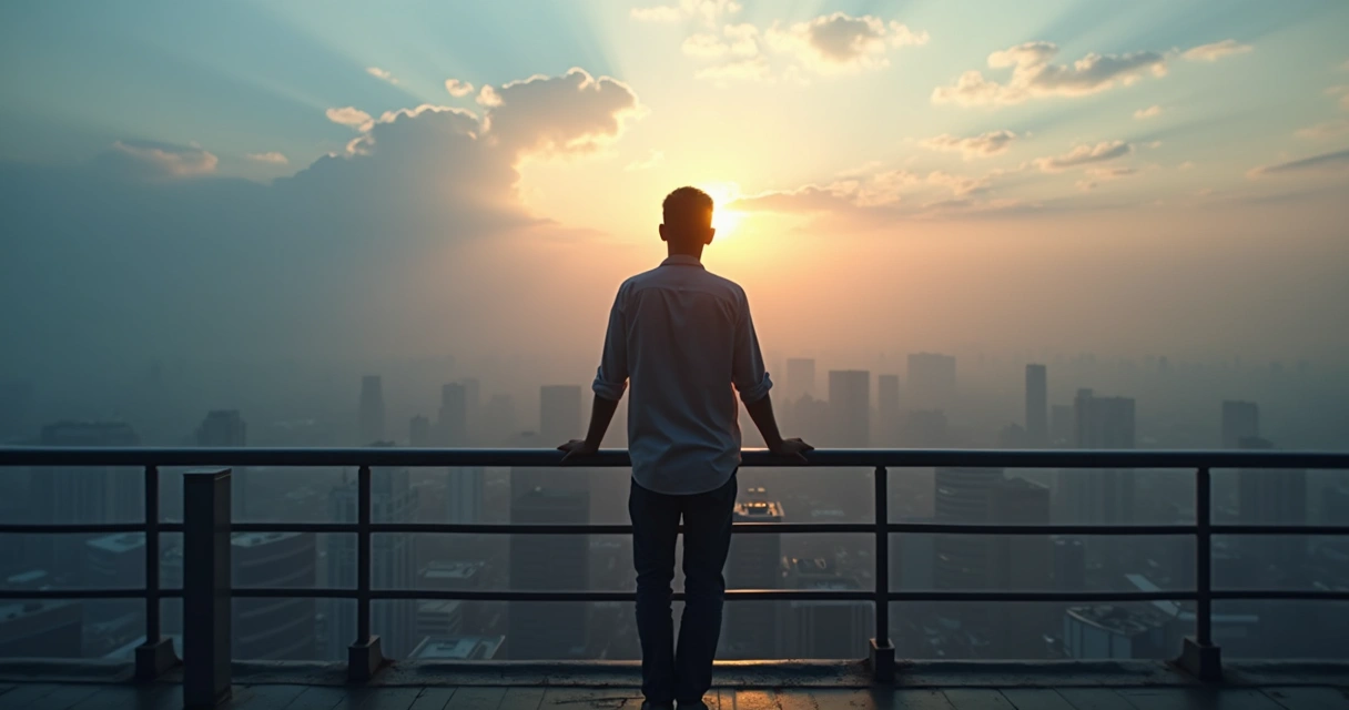 Pessoa em mirante contemplando horizonte iluminado ao amanhecer 