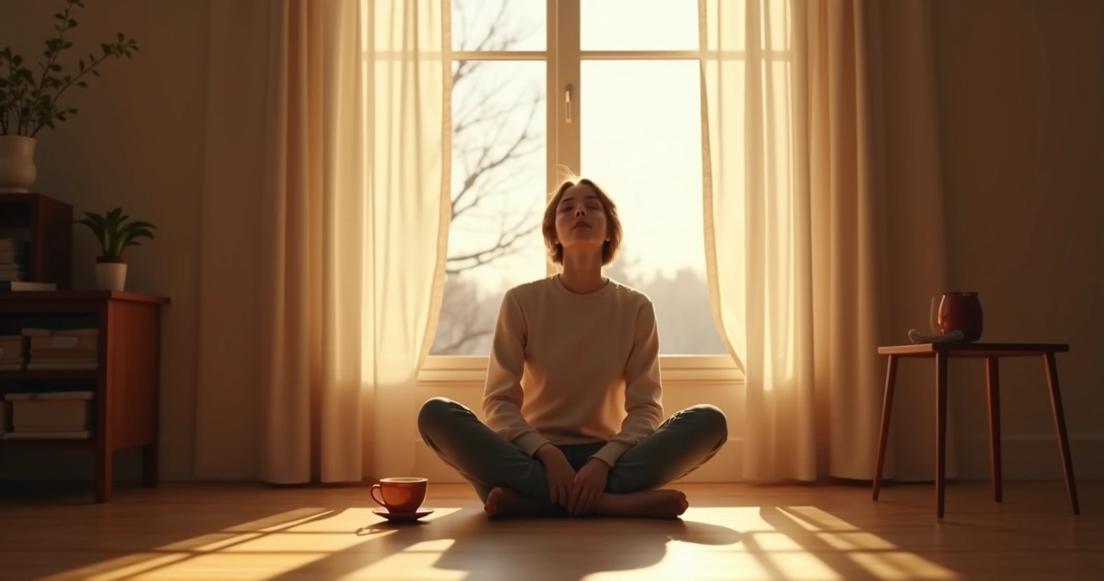 Pessoa sentada em silêncio, olhos fechados, luz natural suave passando pela janela