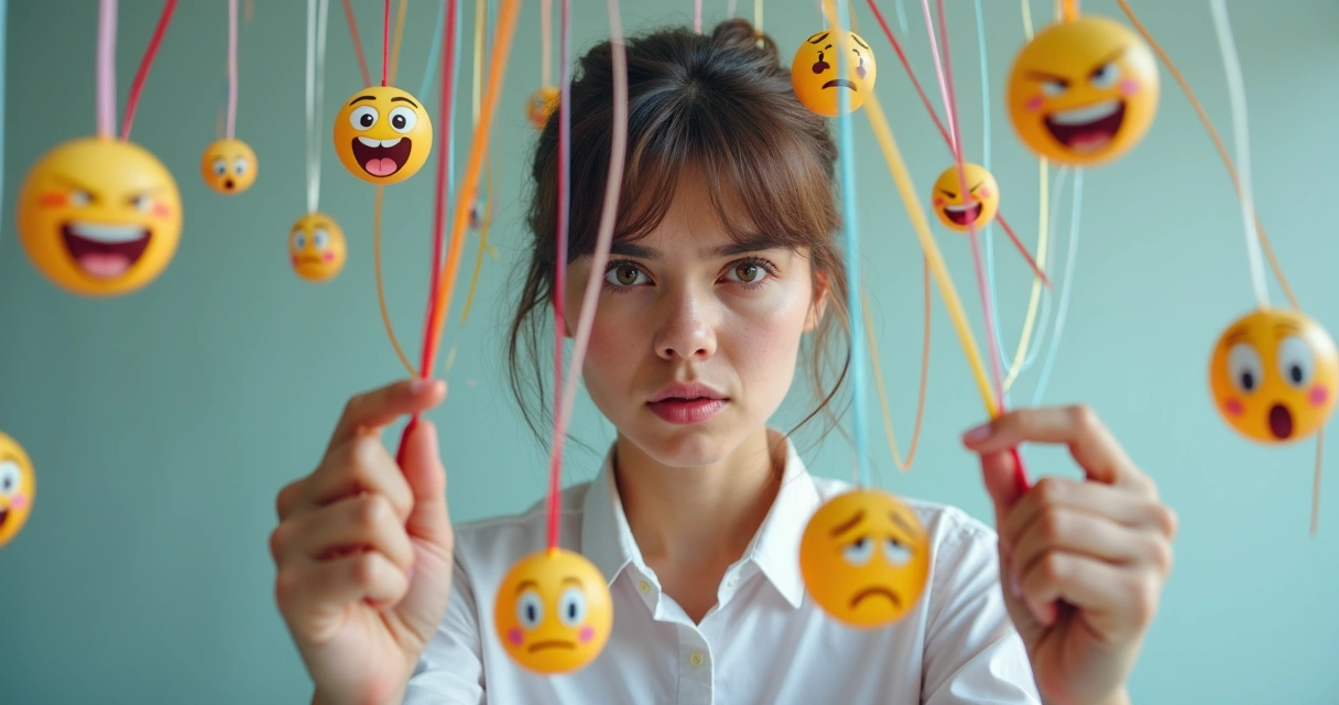 Pessoa com expressão séria tentando controlar várias cordas ligadas a emoções desenhadas.