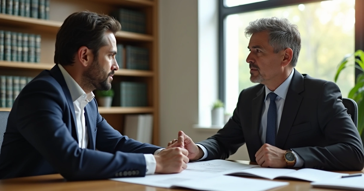 Pessoa conversando com advogado em escritório 