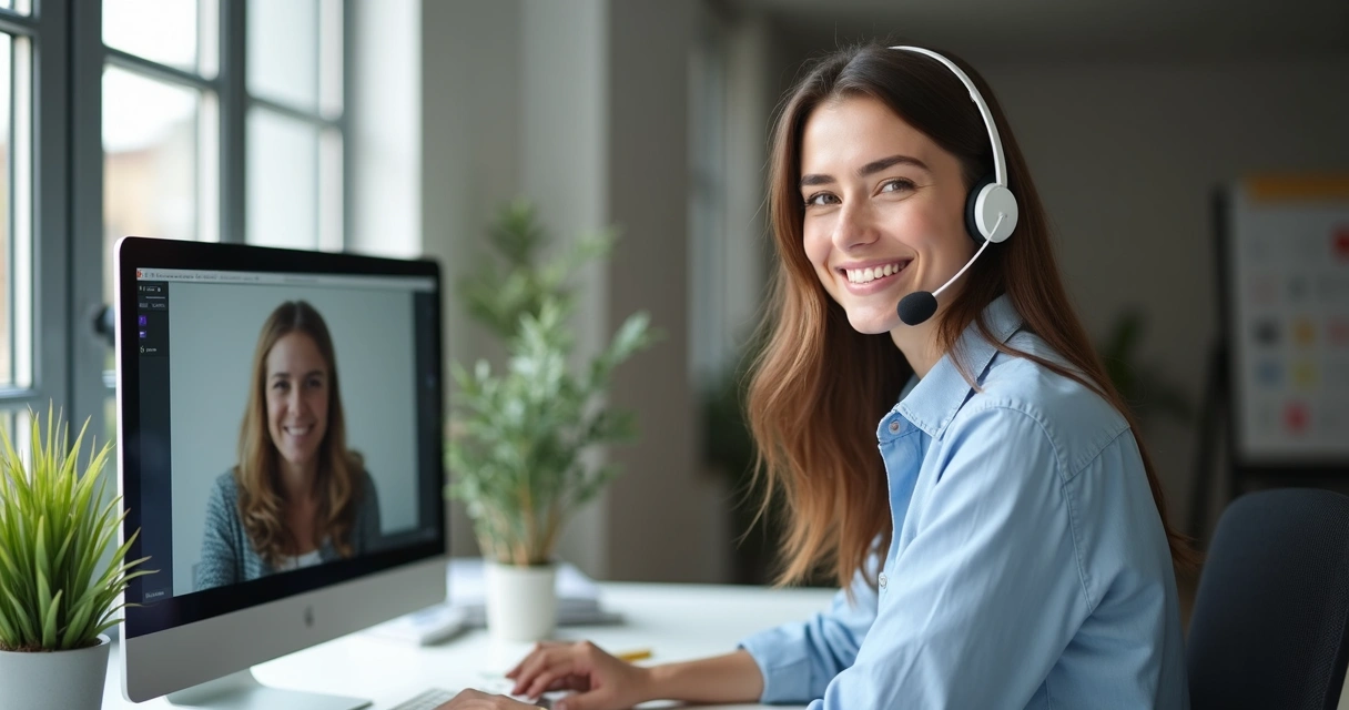 Atendente de agência conversando com cliente satisfeito por videochamada