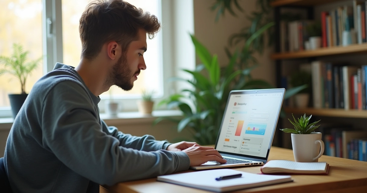 Pessoa estudando em notebook com interface do ChatGPT na tela, sentada em mesa com caderno e café 