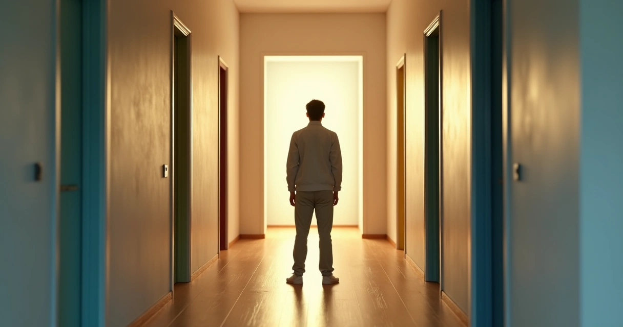Pessoa em corredor iluminado diante de várias portas coloridas fechadas 