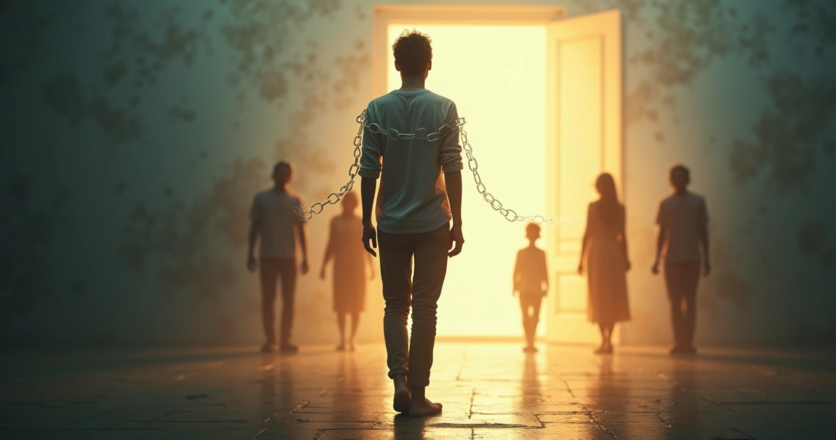 Pessoa presa por correntes transparentes entre silhuetas de família ao fundo 