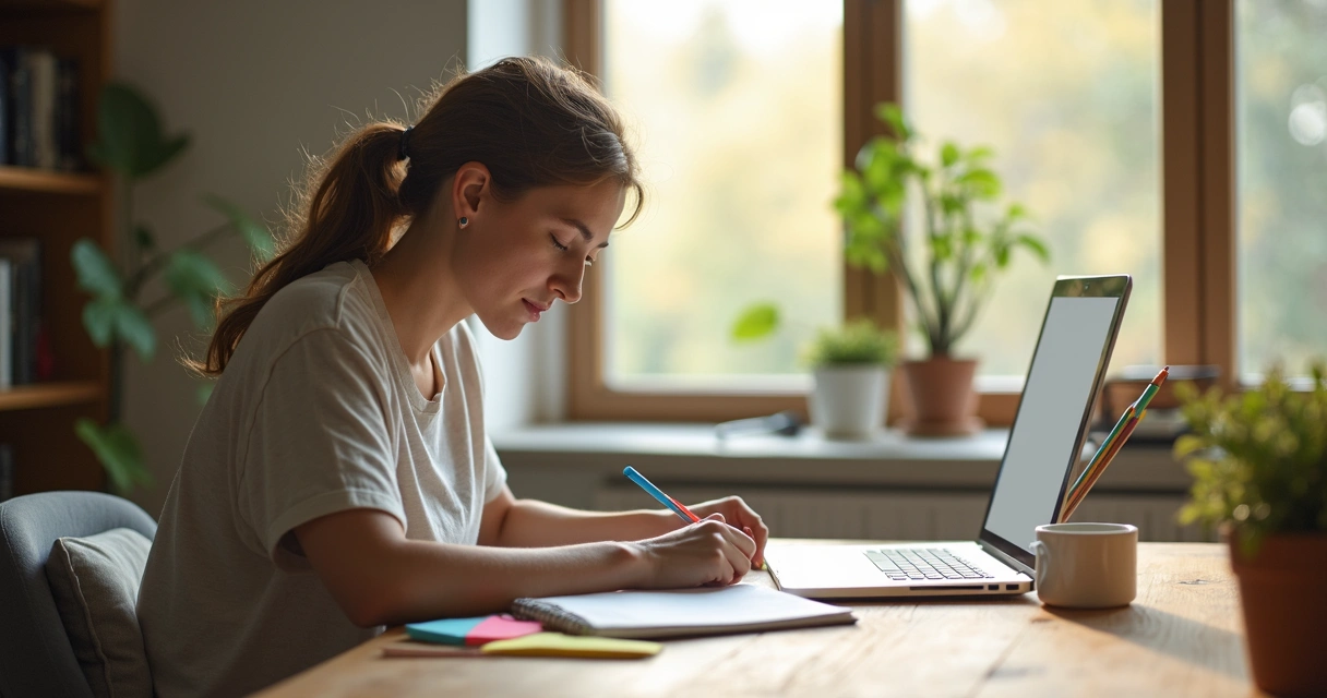 Pessoa sentada em mesa organizada com caderno e laptop em ambiente claro e calmo 