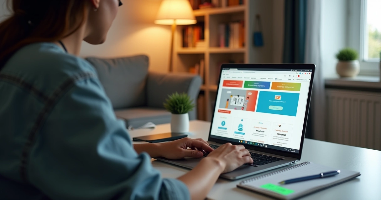 Pessoa em casa criando site profissional em notebook com painel visual aberto 