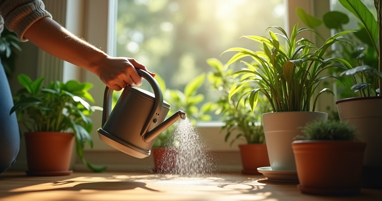 Pessoa regando plantas com calma e atenção 