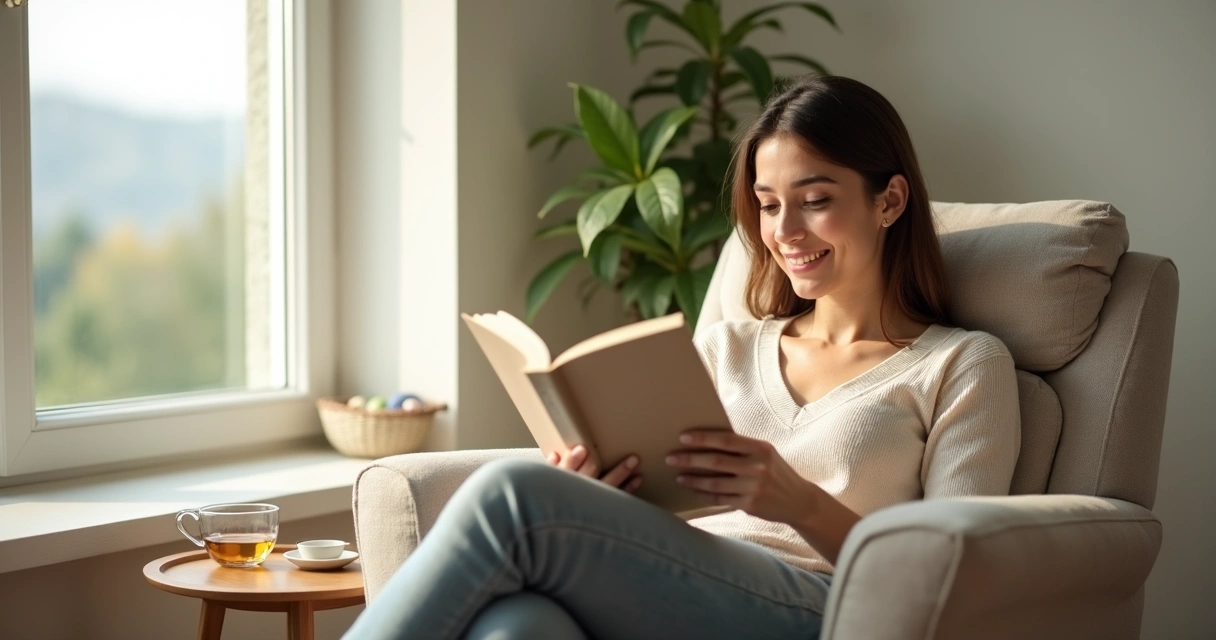 Pessoa lendo pequeno trecho de livro, sorrindo, sentado em uma poltrona clara 