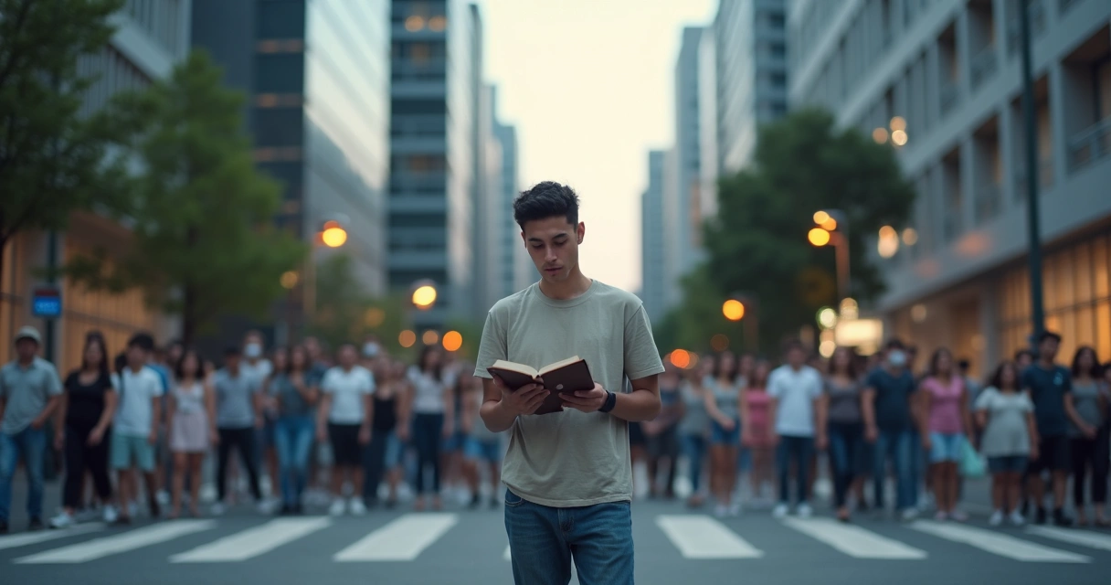 Pessoa em pé no centro de uma multidão desfocada mantendo postura calma e decidida 