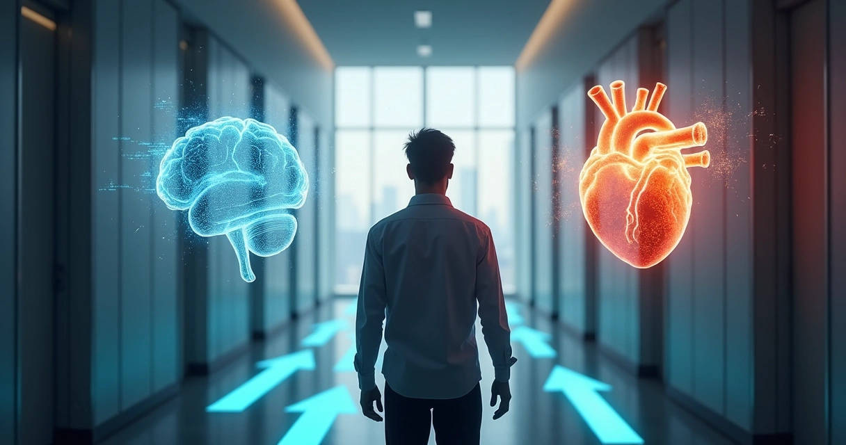 Pessoa dividida entre razão e emoção diante de múltiplos caminhos de decisão 