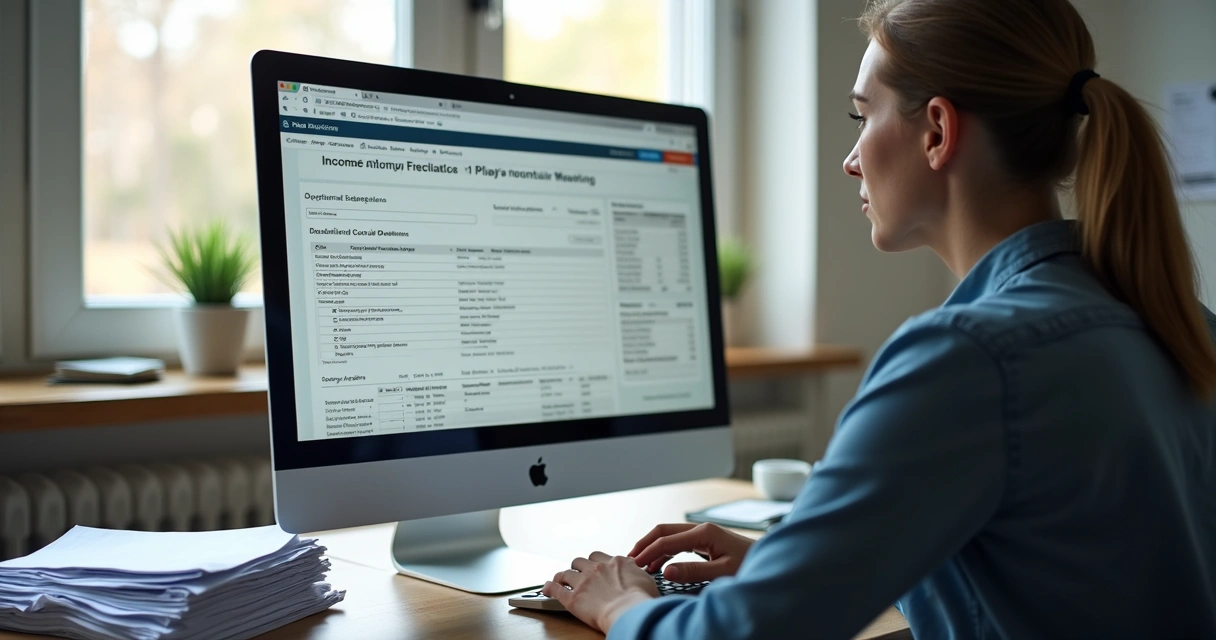 Pessoa usando computador para preencher declaração de imposto de renda com documentos ao redor 