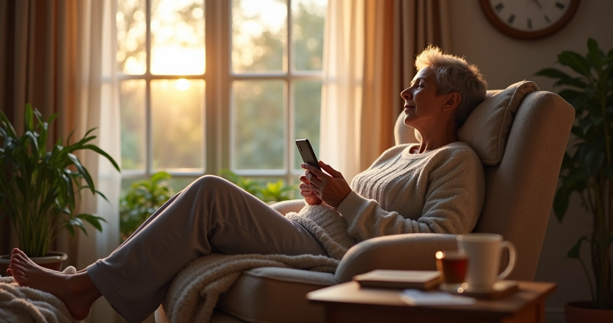 Pessoa relaxando sem celular nas mãos, descansando em ambiente aconchegante